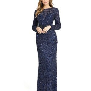 Blue Long Sleeve Sequin Maxi Gown with Bateau Neckline for Wedding Guest